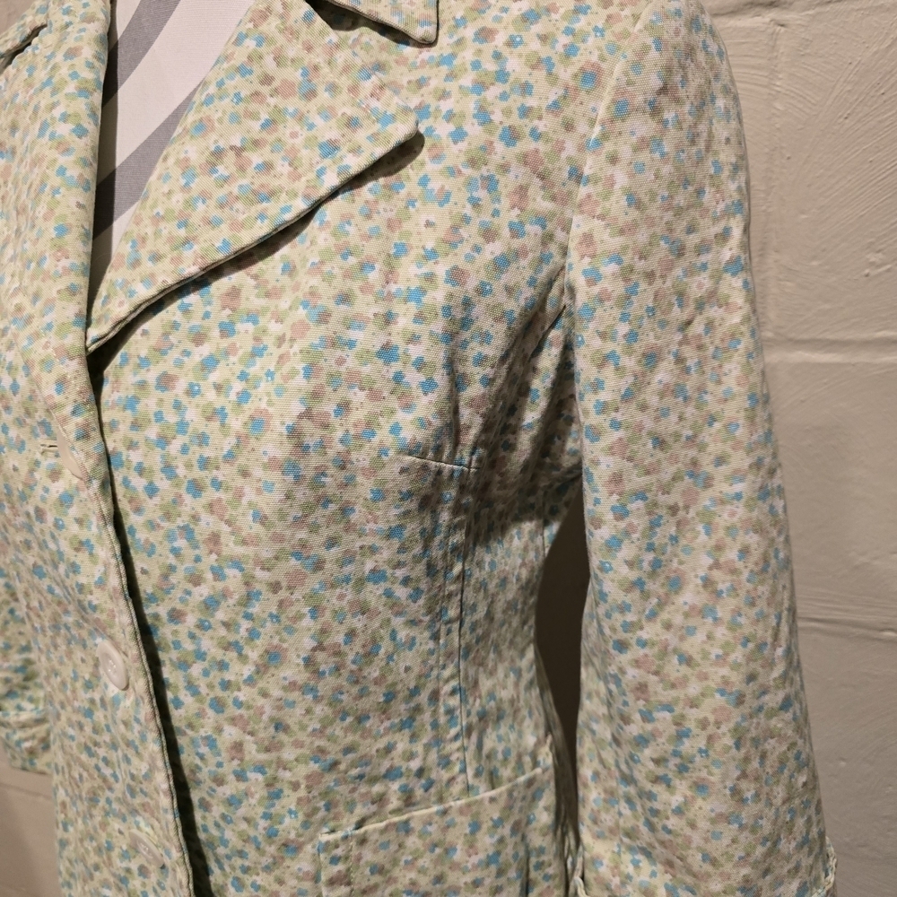 VINTAGE Express Floral Trench Lime Green/Blue Notched Collar 3/4 Sleeve Pockets. - Picture 4 of 16